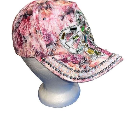 Leader LOGA distressed embellished hat crystal cross flower pattern  denim - Picture 4 of 7